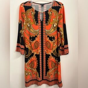 Elegant Paisley Print Dress - Orange and Black